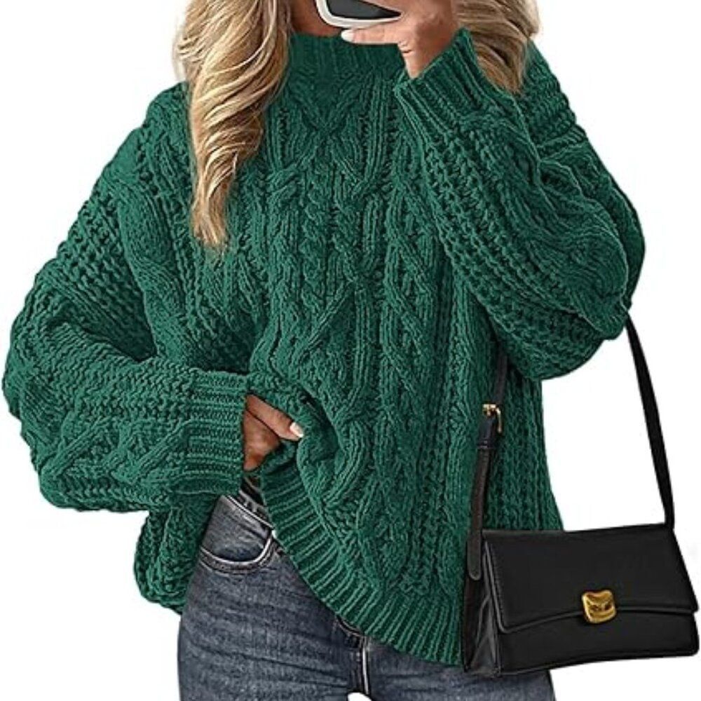 PRETTYGARDEN Green Cable Knit Chunky Warm Sweater Cozy Textured Knit Oversize